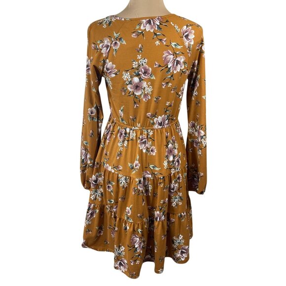 Hem & Thread Tiered Mini Dress Gold Floral S Small Long Sleeve - Picture 3 of 7